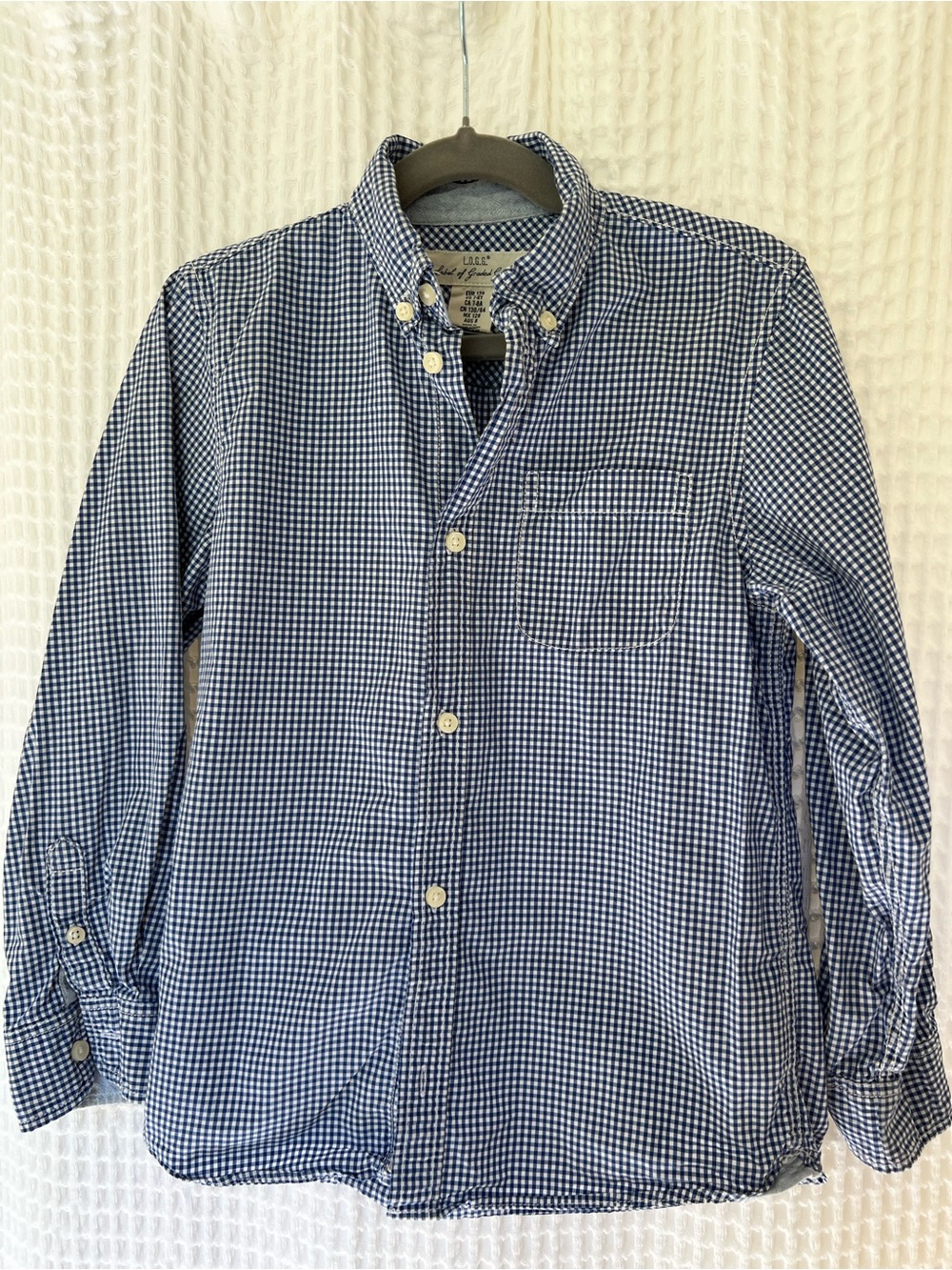 L.O.G.G. Boys 7/8 Blue Gingham Button-Down Shirt with Chambray cuff when rolled - Picture 4 of 6